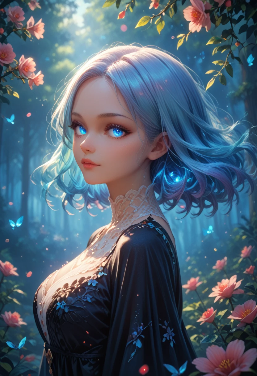 ((masterpiece)), (best quality), (detailed), (1 girl), Light Blue Gradient Hair, light blue glowing eyes, straight hair, in a modern white shirt and black dress, covered in data particles, Beautiful Detailed Forest Background Blue Flowers and Red Flowers, Beautiful composition,