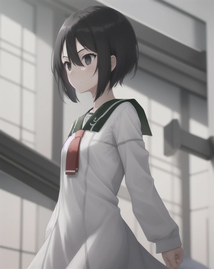 One girl, Alone, Short Hair,Black Hair, Black Eyes,Hair between the eyes, Short Hair, Long sleeve,School uniform, White Dress,Red tie,Sailor Dress,