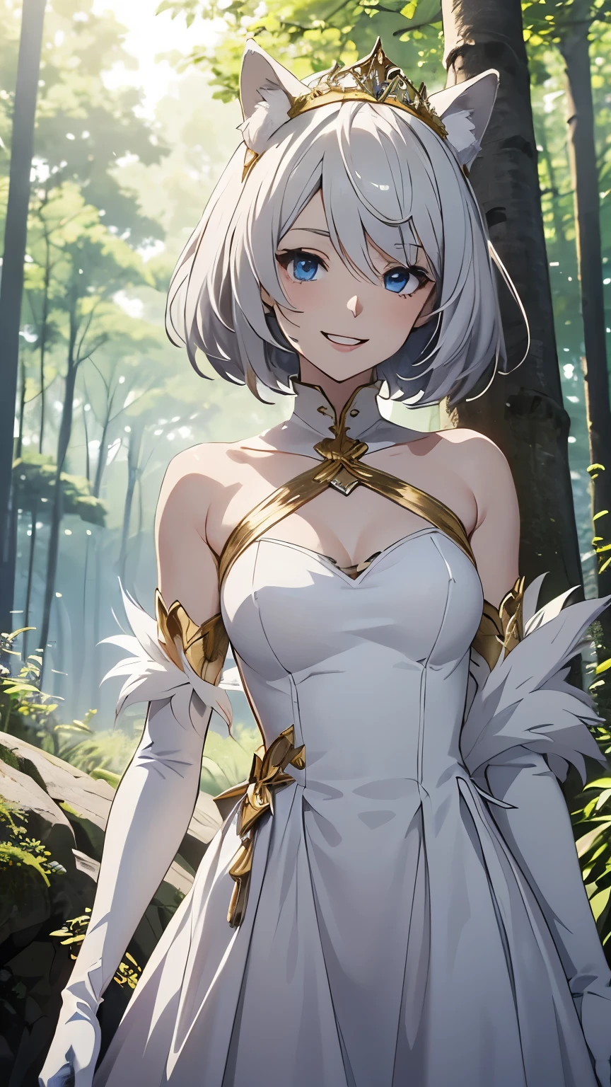 anime style, beautiful, textural, ray tracing, absurdres, offical art, illustration, (((masterpiece))),(((best quality))),((ultra-detailed)), hayao miyazaki style, field, nature, 1girl, aged_up, solo, mature female, dress, arms behind back, smile, upper-body, shaggy hair, white hair, short hair