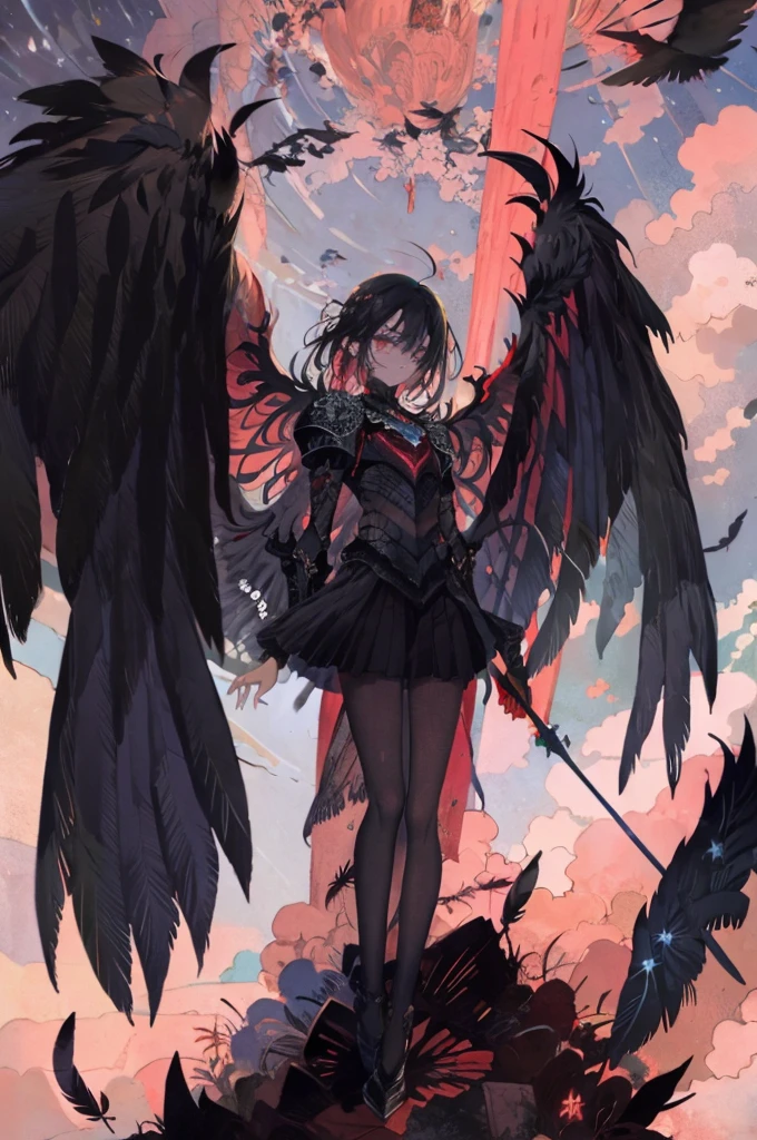 ((Best Quality)), ((masterpiece)), (detailed),An angel with large black wings of a bird of prey, knees raised to chest,Red Mesh,Rear view, Dynamic Wing,Makeup,Black Armor,Dark Image,Helmet with feathers, （Long black hair,Red Mesh),blue eyes,Beautiful Face,Slim and toned body.,Brave, (Long Greaves),Sheer long skirt,Has a long sword,Above the clouds,Night Sky,Floating,