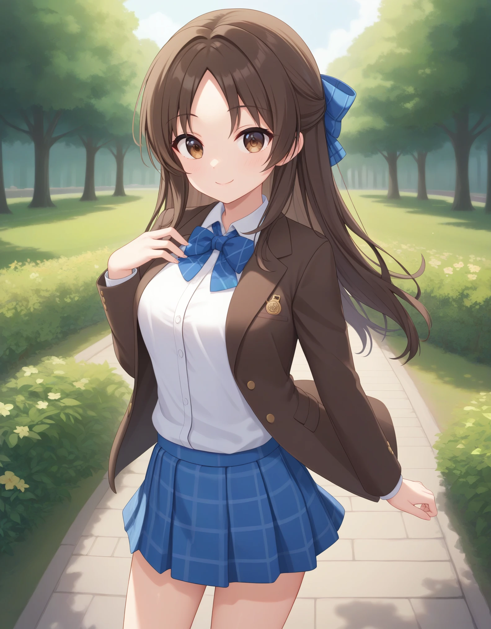 best quality,masterpiece,   4k, best quality 
1girl, solo,tachibana arisu, brown hair, brown eyes, long hair, bang, brown blazer, white collared shirt, blue bowtie, blue plaid skirt, white socks,hair bow, standing,smile ,cowboy shot,  looking at viewer, outdoor, park
