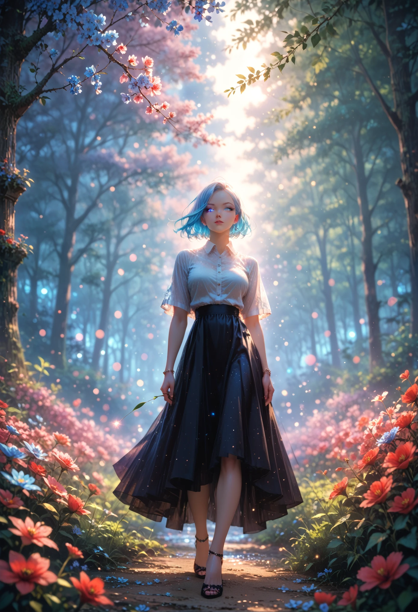 ((masterpiece)), (best quality), (detailed), (1 girl), Full Height Girl, Light Blue Gradient Hair, light blue glowing eyes, straight hair, in a modern white shirt and black dress, covered in data particles, Beautiful Detailed Forest Background Blue Flowers and Red Flowers, Beautiful composition,