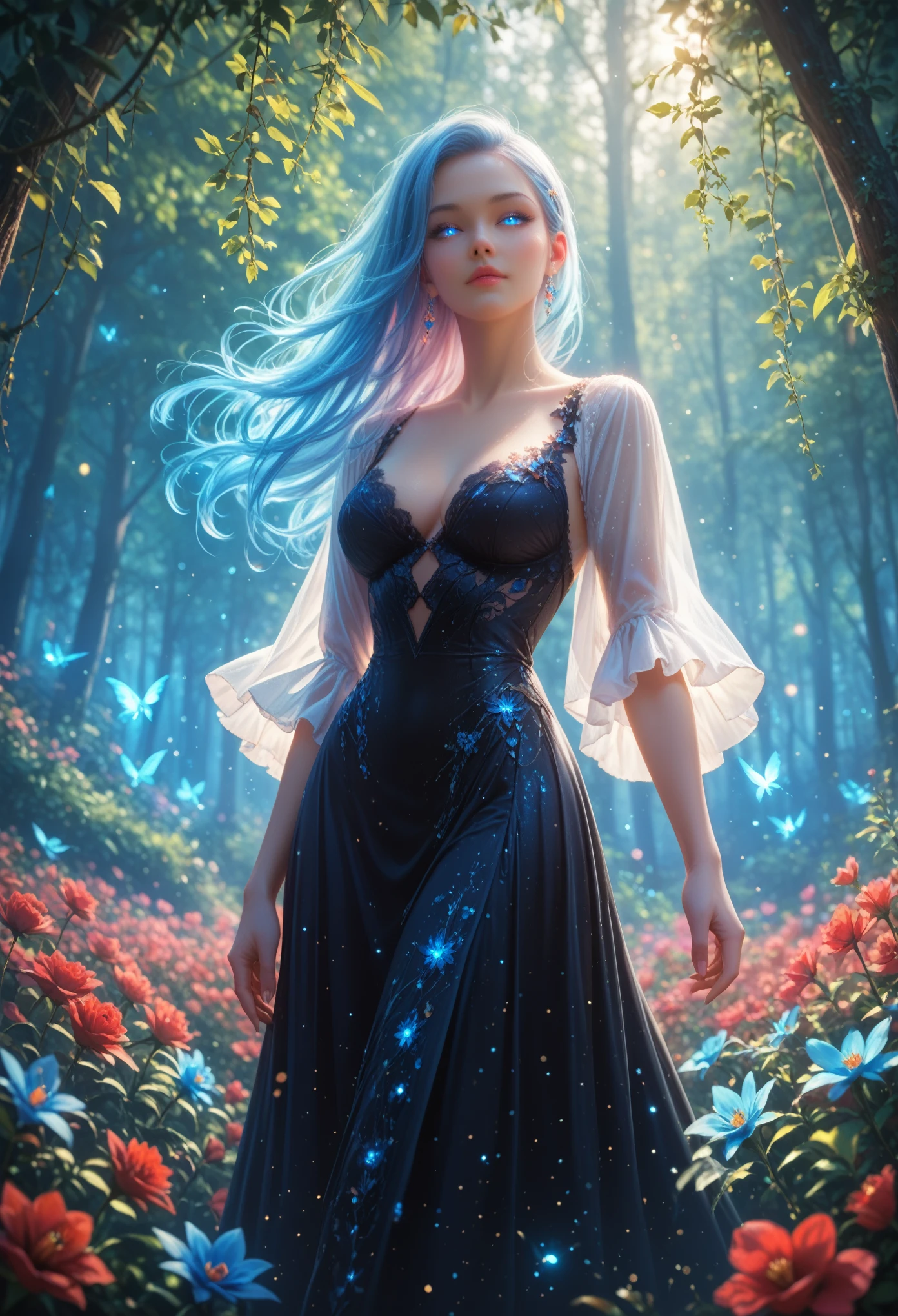 ((masterpiece)), (best quality), (detailed), (1 girl), Full Height Girl, Light Blue Gradient Hair, light blue glowing eyes, straight hair, in a modern white shirt and black dress, covered in data particles, Beautiful Detailed Forest Background Blue Flowers and Red Flowers, Beautiful composition, Shine, Alluring,