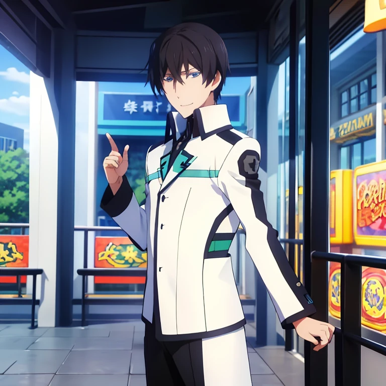 1boy, solo, tatsuya def, school uniform, blue eyes, black hair, face focus, high detailed face, full uniform view
Standing, smile, amusement park, cowboy shot, looking at viewers, full uniform view, Ferris Wheel in back