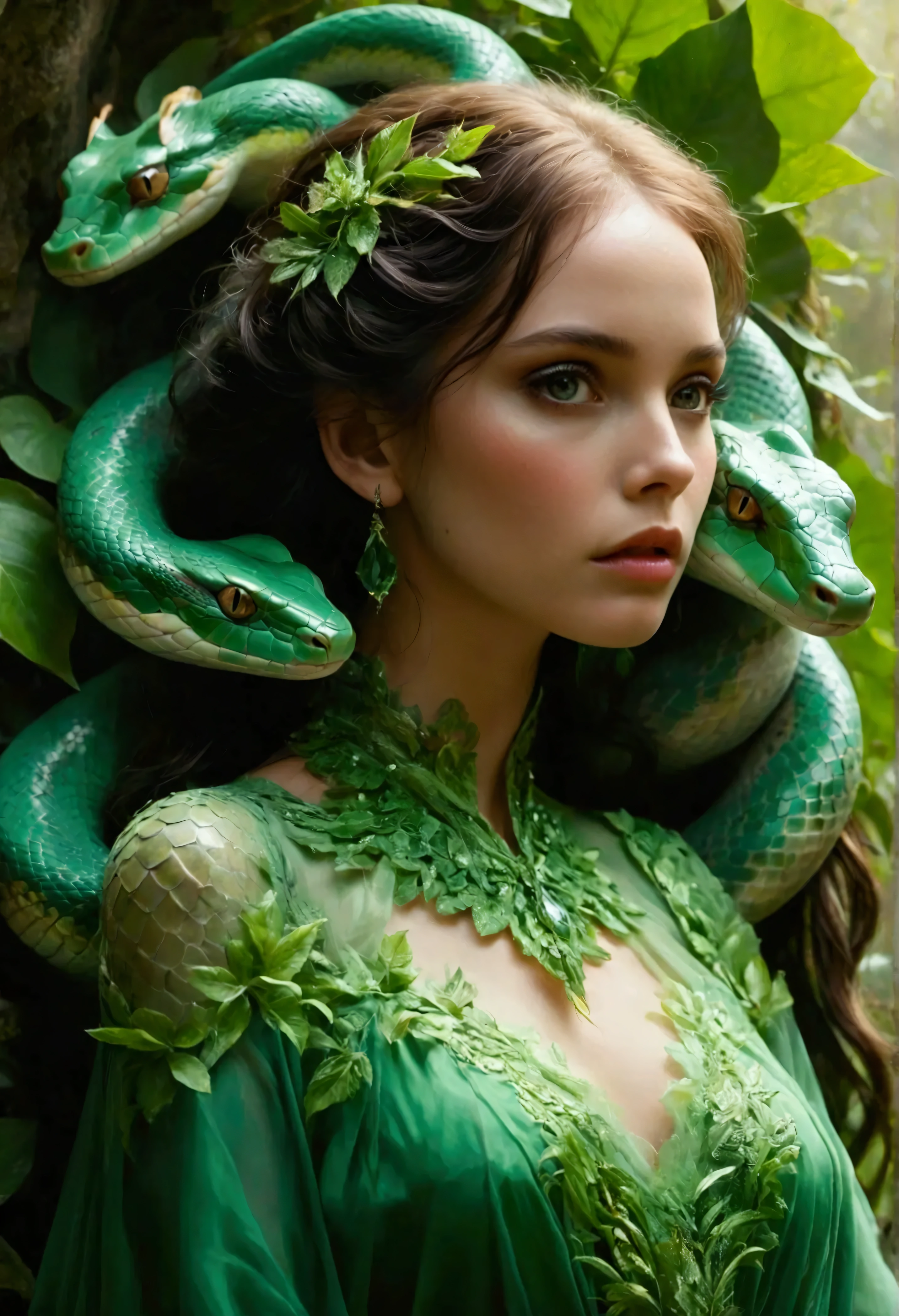 A mesmerizing woman, inspired by Lilith, reclines gracefully against a backdrop of dense, dark foliage. Her long, flowing golden hair cascades down her back, contrasting with the deep greens of the surrounding wilderness. Her piercing, enigmatic gaze exudes an aura of calm power and allure. Draped in a soft, ethereal white dress, her figure is elegantly wrapped by a vibrant green snake, its scales shimmering as it coils around her body. The snake's head rests near her hand, a symbol of temptation and mystery. The atmosphere is both enchanting and dangerous, with the woman’s serene beauty and the snake’s sinuous form capturing a timeless, mystical allure. Every detail, from the intricate lace of her gown to the glowing green of the snake, is rendered in ultra-high fidelity, creating a composition that blends grace and primal power, akin to a Pre-Raphaelite masterpiece.