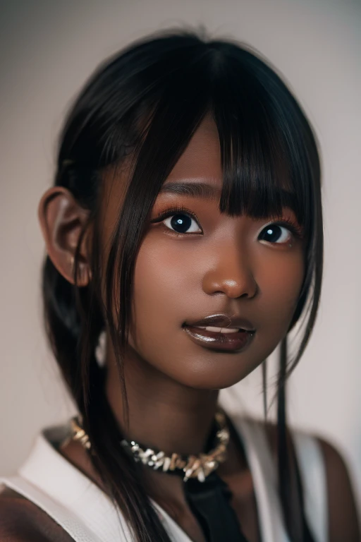 best quality, masterpiece, highres, (detailed:1.4), 1 girl, black hair, (((( dark skin:1.55 )))), extremally thin eyebrows , thick bluish eyeshadow, thick black eyeliner, Highlighted eyes with eyeliner, false eyelashes