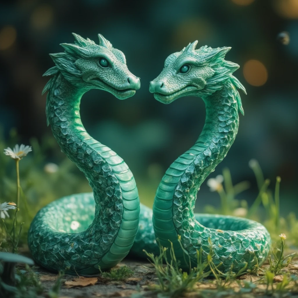 Best quality, very good, 16K, Ridiculous, Very detailed, Two-headed gorgeous(Green Snake)))，Made of translucent Ceramics, Background grassland（（A masterpiece full of fantasy elements）））， （（Best quality））， （（Intricate details））（8K）