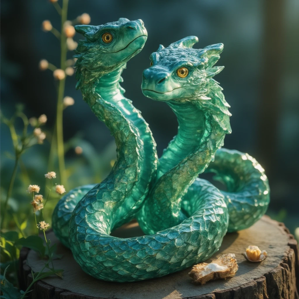 Best quality, very good, 16K, Ridiculous, Very detailed, Gorgeous(Green Snake)))，Made of translucent Ceramics, Background grassland（（A masterpiece full of fantasy elements）））， （（Best quality））， （（Intricate details））（8K）