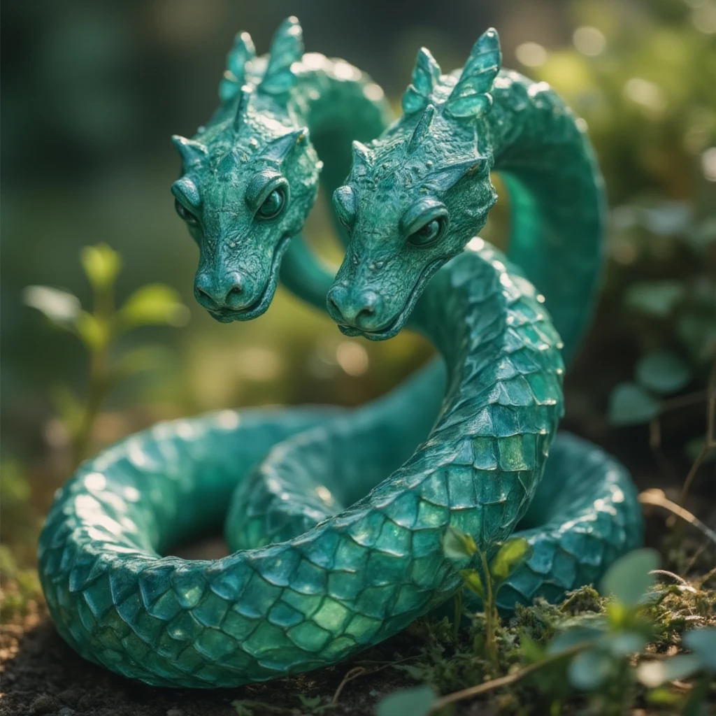 Best quality, very good, 16K, Ridiculous, Very detailed, Gorgeous(Green Snake)))，Made of translucent Ceramics, Background grassland（（A masterpiece full of fantasy elements）））， （（Best quality））， （（Intricate details））（8K）