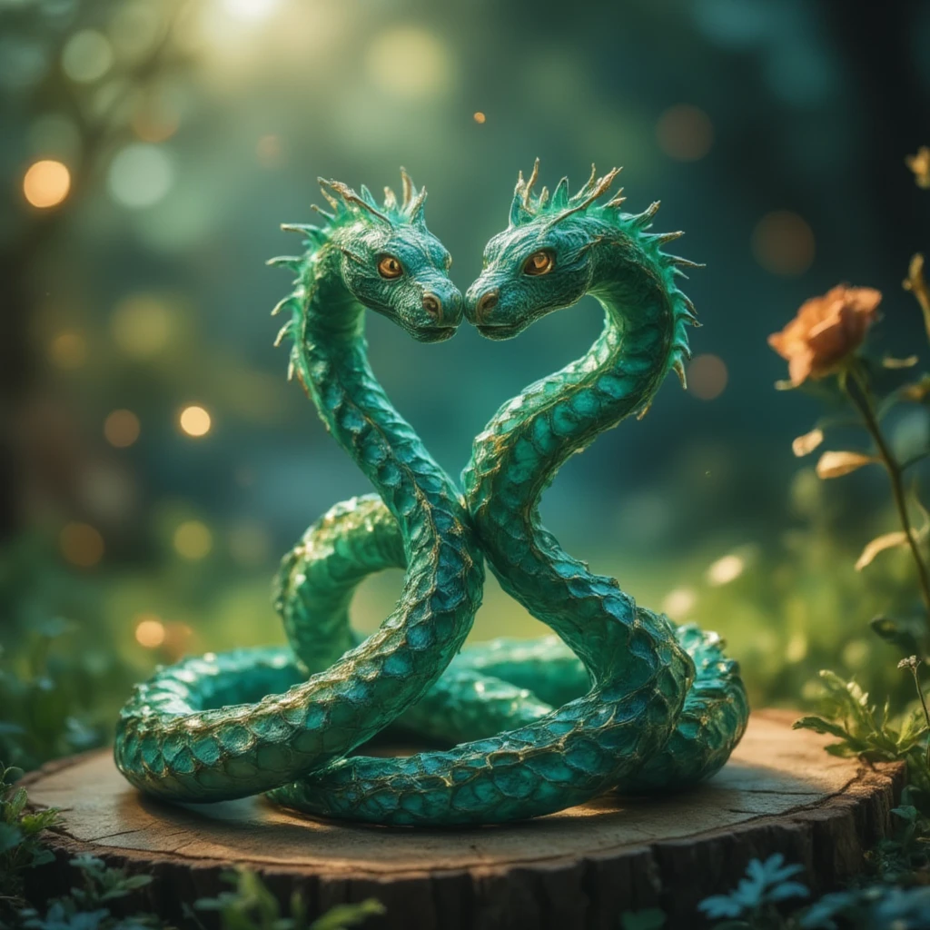 Best quality, very good, 16K, Ridiculous, Very detailed, Gorgeous(Green Snake)))，Made of translucent Ceramics, Background grassland（（A masterpiece full of fantasy elements）））， （（Best quality））， （（Intricate details））（8K）