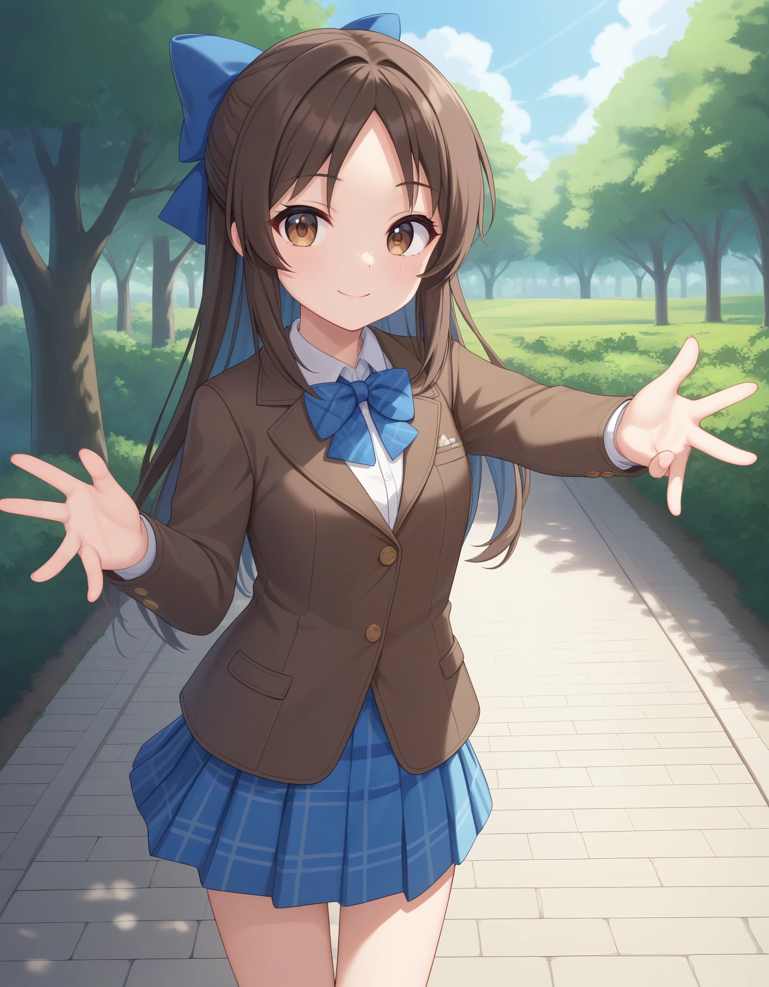 best quality,masterpiece,   4k, best quality 
1girl, solo,tachibana arisu, brown hair, brown eyes, long hair, blue hair ribbon, bang, brown blazer, white collared shirt, blue bowtie, blue plaid skirt, opened jacket, white socks,hair bow, standing,smile ,cowboy shot,  looking at viewer, outdoor, park
