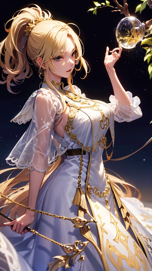 masterpiecehigh quality, 4K, Beautiful design, silhouette，blonde， 非常に詳細な夜のStarry Sky,Glass Kingdom，Glass World，Glass Castle， wonderful, Delicate details,  Very knowledgeable woman, Highly detailed solo female 1 person,Big Breasts， Pure white dress，Night view，Starry Sky，