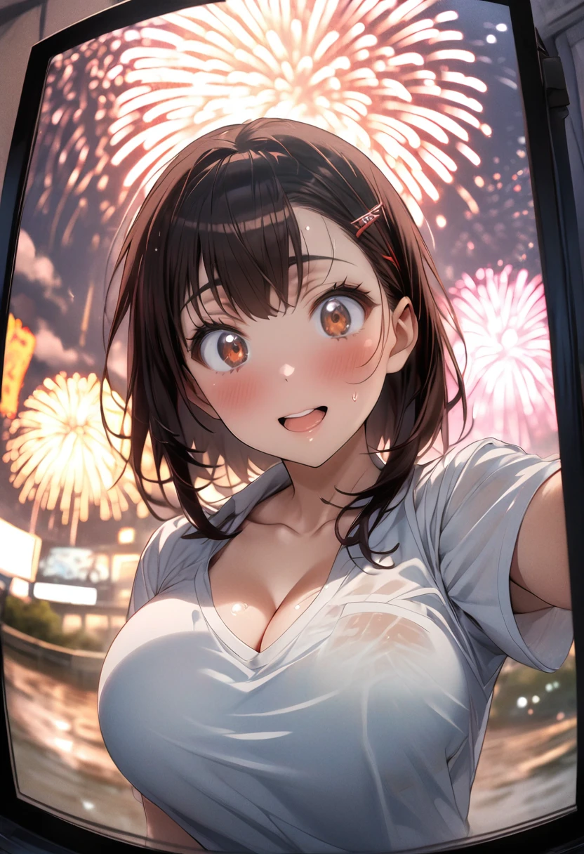 One Girl、(white shirt)、One Curl Bob Cut, Highest quality、Black Hair、Sweaty body、Big Breasts、Surprised、hairpin、View from below、expose one's cleavage、(Show your forehead)、(Fisheye lens effect:1.3)、(Girls pop out of the screen:1.5)、(fireworks display)、(meteor shower)、(pass through the screen:1.3)、sea、forward inclination