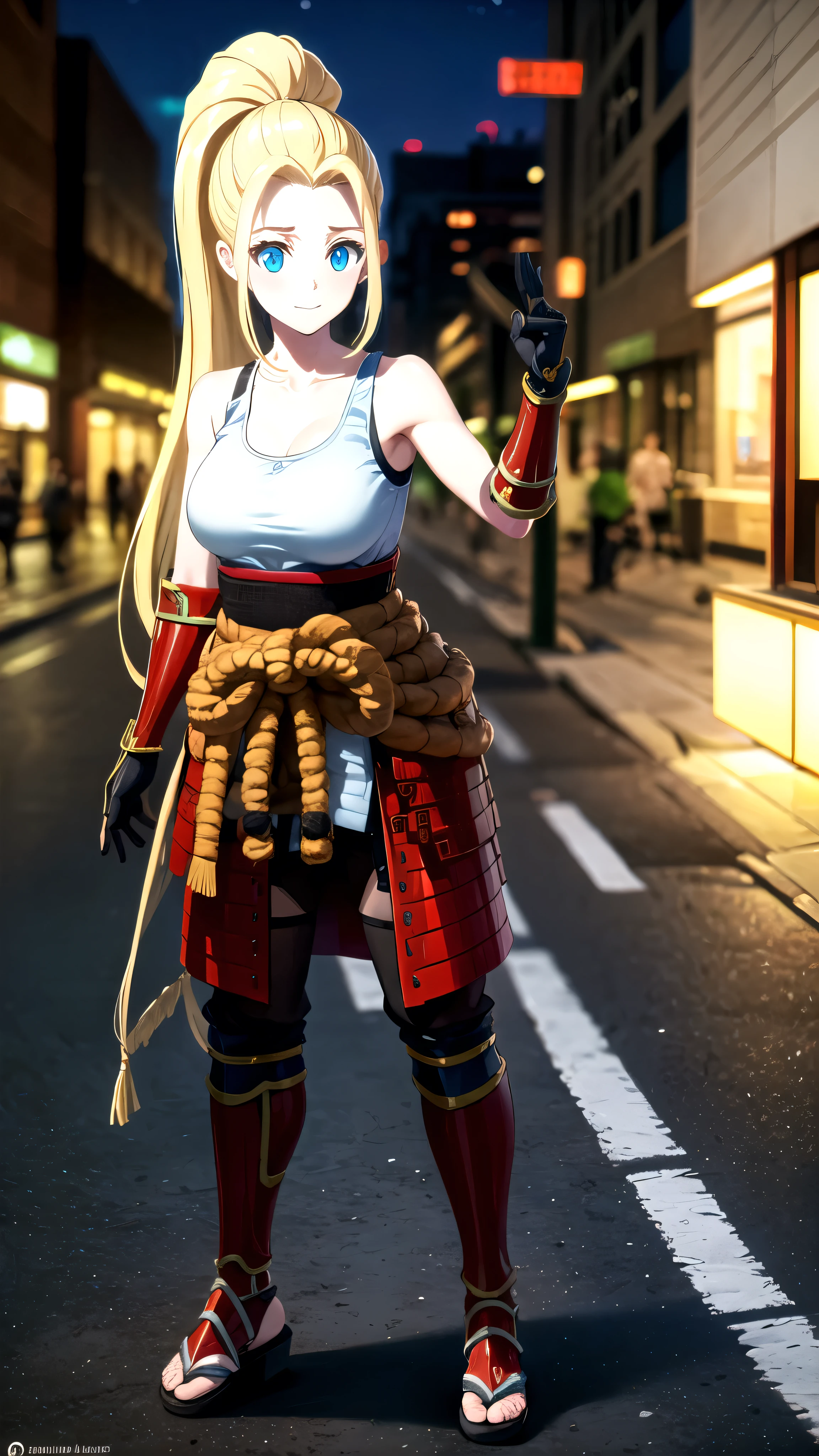 Realistic, (4K), Depth of Field, (masterpiece), (Realistic皮膚紋理), extremely detailed, complex, extremely detailed, professional photography, Bokeh, High resolution, Sharp details, The best, [girl, long hair, blond, ponytail, blue eyes, White vest, (Samurai armor), Gloves, knees to chest , dynamic poses,  open highway, empty road, Happy, stand in the middle of the road, sunlight, Japanese architecture,