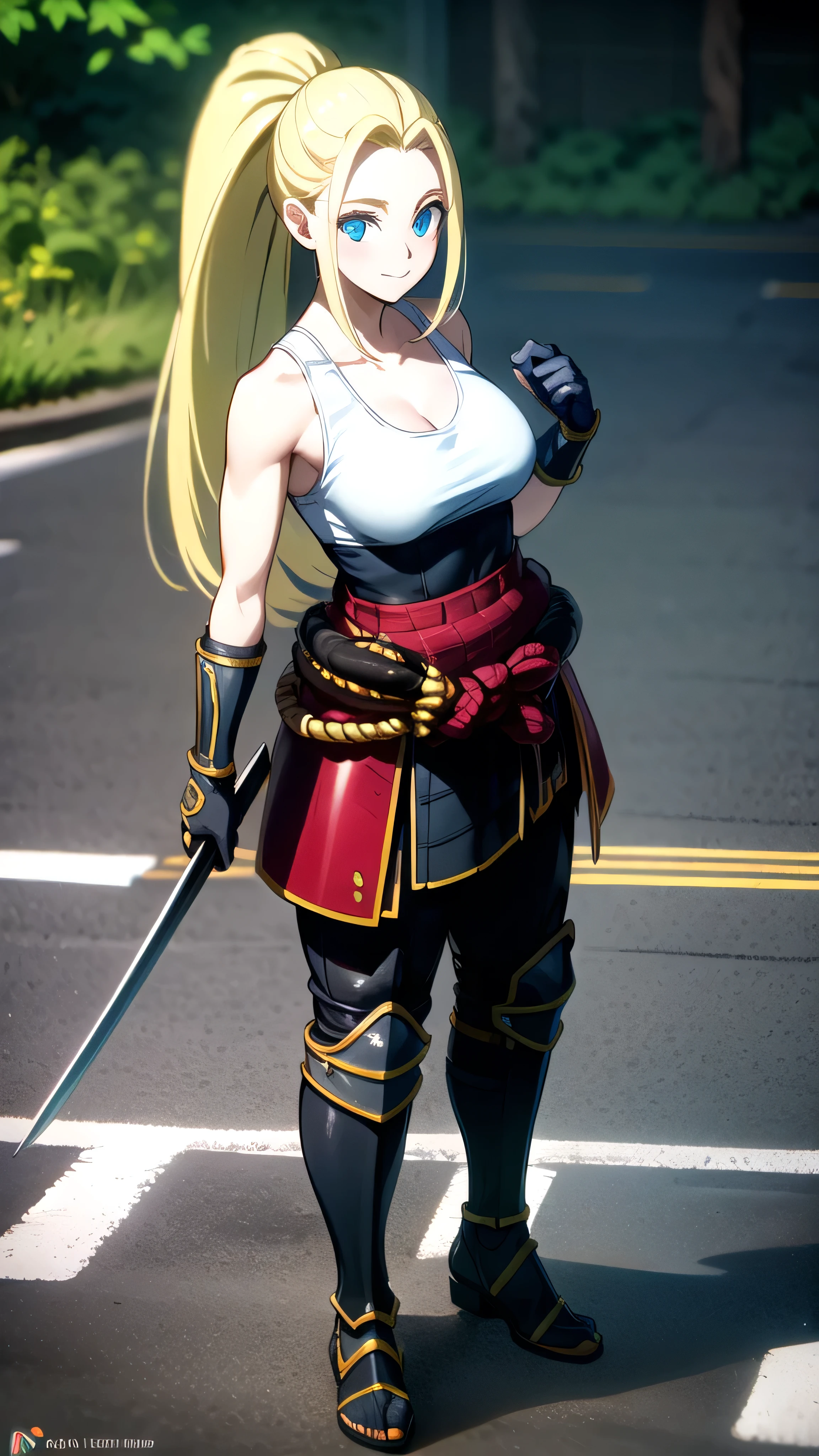 Realistic, (4K), Depth of Field, (masterpiece), (Realistic皮膚紋理), extremely detailed, complex, extremely detailed, professional photography, Bokeh, High resolution, Sharp details, The best, [girl, long hair, blond, ponytail, blue eyes, White vest, (Samurai armor), Gloves, knees to chest , dynamic poses,  open highway, empty road, Happy, stand in the middle of the road, sunlight, Japanese architecture,