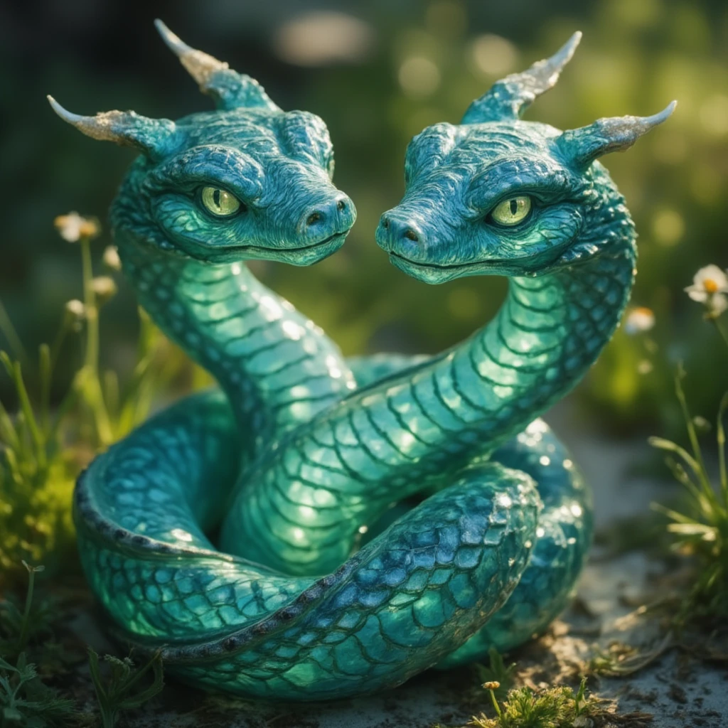 Best quality, very good, 16K, Ridiculous, Very detailed, Gorgeous(Green Snake)))，Made of translucent Ceramics, Background grassland（（A masterpiece full of fantasy elements）））， （（Best quality））， （（Intricate details））（8K）