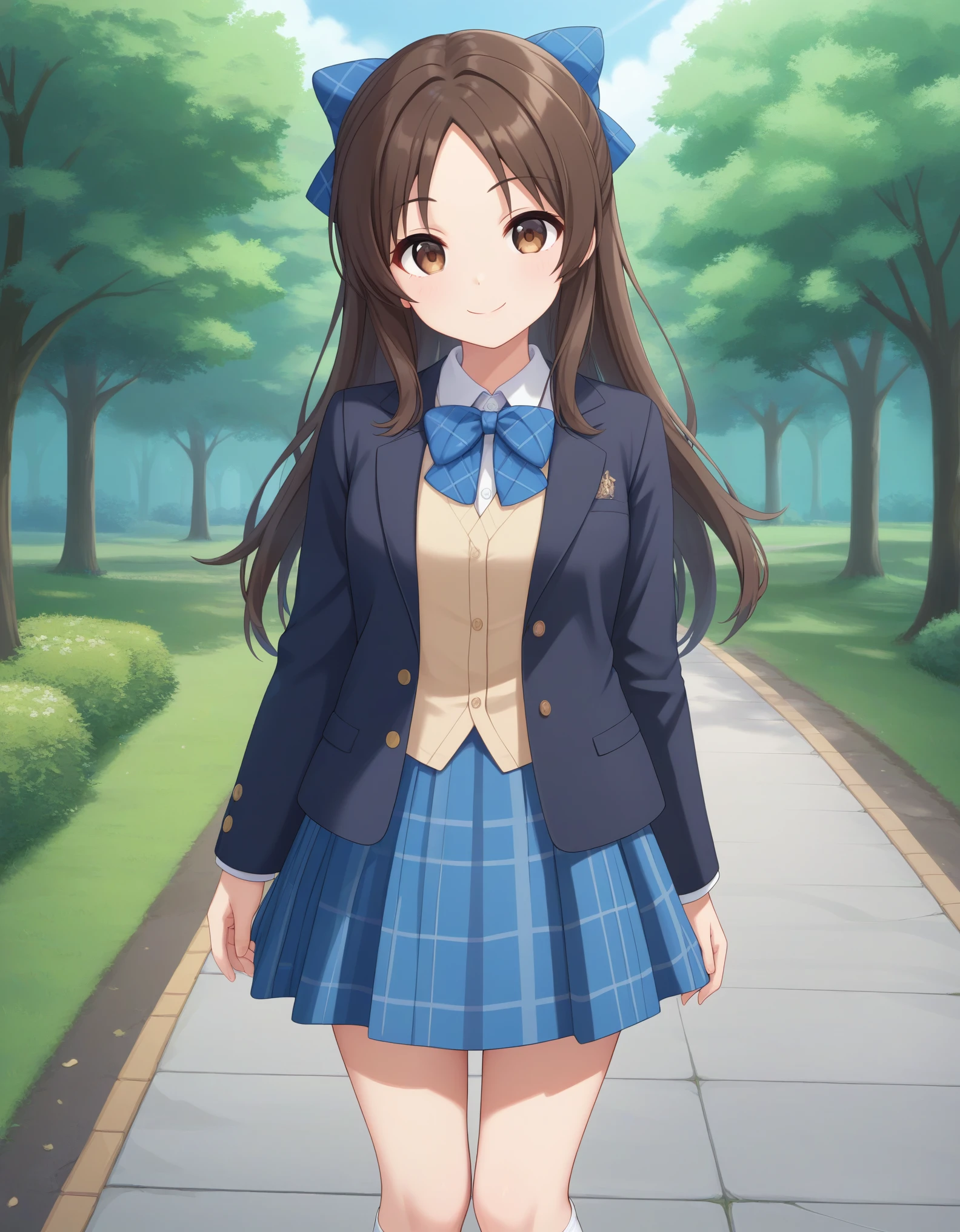 best quality,masterpiece,   4k, best quality 
1girl, solo,tachibana arisu, brown hair, brown eyes, long hair, blue hair ribbon, bang, dark brown blazer, tan color vest , white collared shirt, blue bowtie, blue plaid skirt, opened jacket, white socks,hair bow, standing,smile ,cowboy shot,  looking at viewer, outdoor, park
