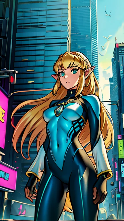 (Teens:1girl: princess zelda), (extremely detailed CG unit 8k wallpaper),(master part), (best quality), (ultra detail), (best illustration),(city-scene-aso), cowboy shot, (Sharp eyeliner, ombre, detailed eyes:1), bright, daylight, cyberpunk city, outdoor, ,break , (Ringo! Style), upper body, (bangs, blonde hair, green eyes, long hair, pointy ears, cybersuit 