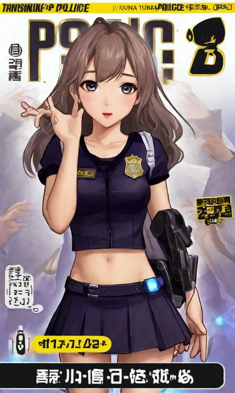 (masterpiece:1.2, best quality), (highly detailed:1.3), (magazine cover), 1girl, 15yo, petite, (white panties), (open shirt), sheer shirt, (holding a gun), serious, black yellow background,