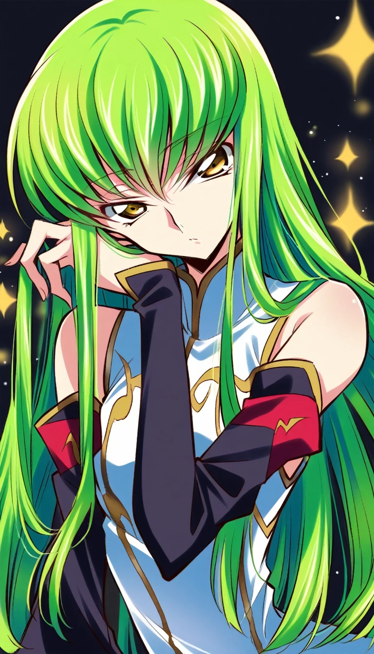 score_9, score_8_up, score_7_up, One girl, c.c., code geass, armpit crease, Shoulder, black background, black sleeves, Blurred, Bokeh, covered mouth, Depth of written boundary, detached sleeves, dress, Green Hair, Hair over the mouth, Touching your hair with your hands, Head Tilt, Long Hair, Long sleeve, Disheveled hair staring at the viewer, skinny, Sleeveless, Sleeveless dress, Alone, Sparkle,  Yellow Eyes