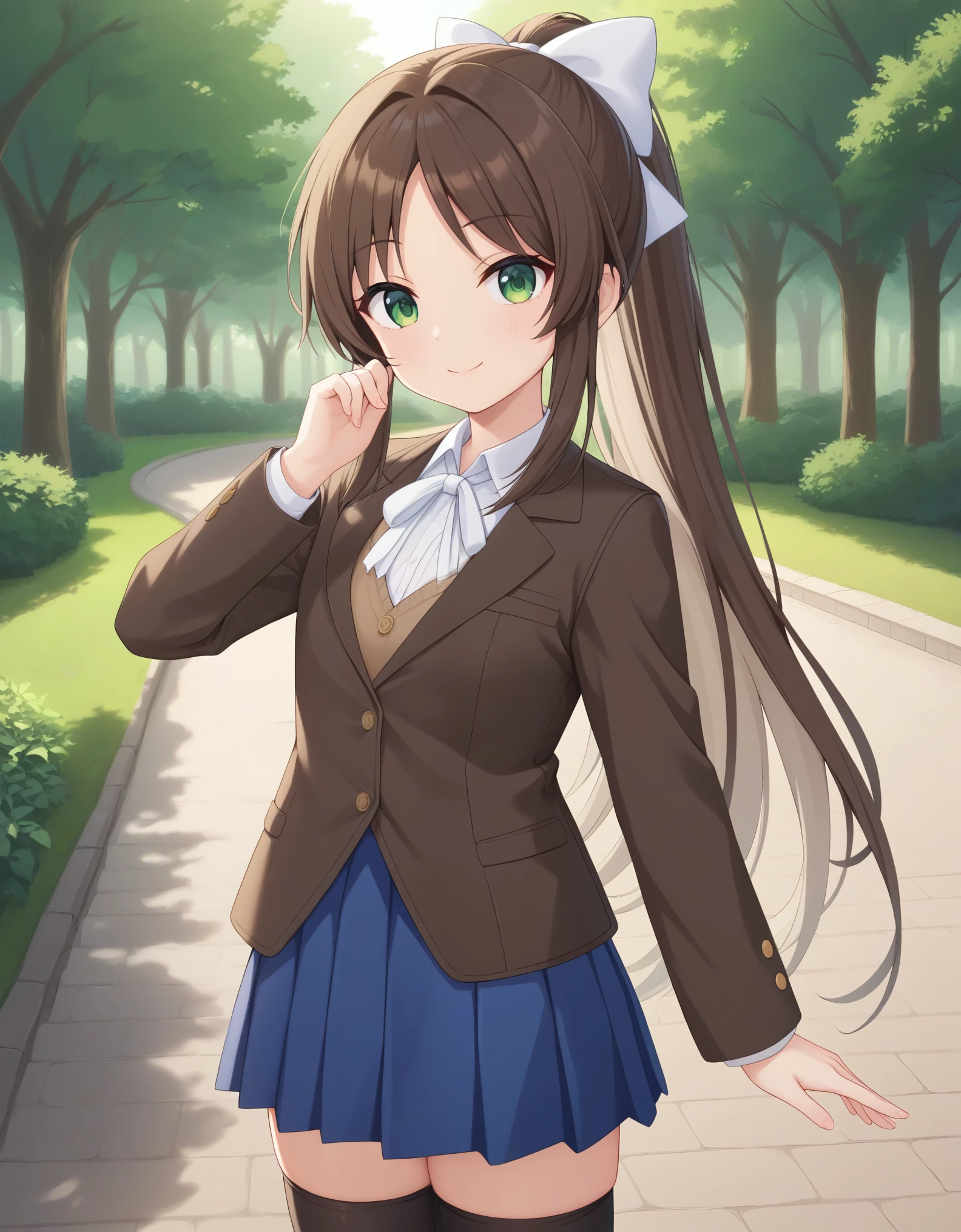 best quality,masterpiece,   4k, best quality 
1girl, solo,tachibana arisu, brown hair, (brown hair:1.2), green eyes, (green eyes:1.2), very long hair, white hair ribbon, bangs, ponytail, brown blazer, brown color vest , white collared shirred neck ribbon, blue skirt, closed jacket, black thighhighs, white hair bow, standing,smile ,cowboy shot,  looking at viewer, outdoor, park
