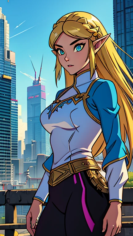 (Teens:1girl: princess zelda), (extremely detailed CG unit 8k wallpaper),(master part), (best quality), (ultra detail), (best illustration),(city-scene-aso), cowboy shot, (Sharp eyeliner, ombre, detailed eyes:1), bright, daylight, cyberpunk city, outdoor, ,break , (jeffmatsuda), upper body, (bangs, blonde hair, green eyes, long hair, pointy ears, medium breasts, warrior suit