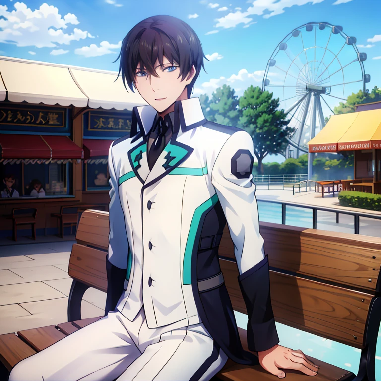 1 boy, solo, tatsuya def, school uniform, blue eyes, black hair, face focus, high detailed face, full uniform view, sitting in bench, smile, amusement park, cowboy shot, looking at viewers, Ferris Wheel in background, (best quality,4k,8k,highres,masterpiece:1.2),ultra-detailed,(realistic,photorealistic,photo-realistic:1.37),vivid colors,extremely detailed eyes and face,longeyelashes,detailed uniform,detailed background