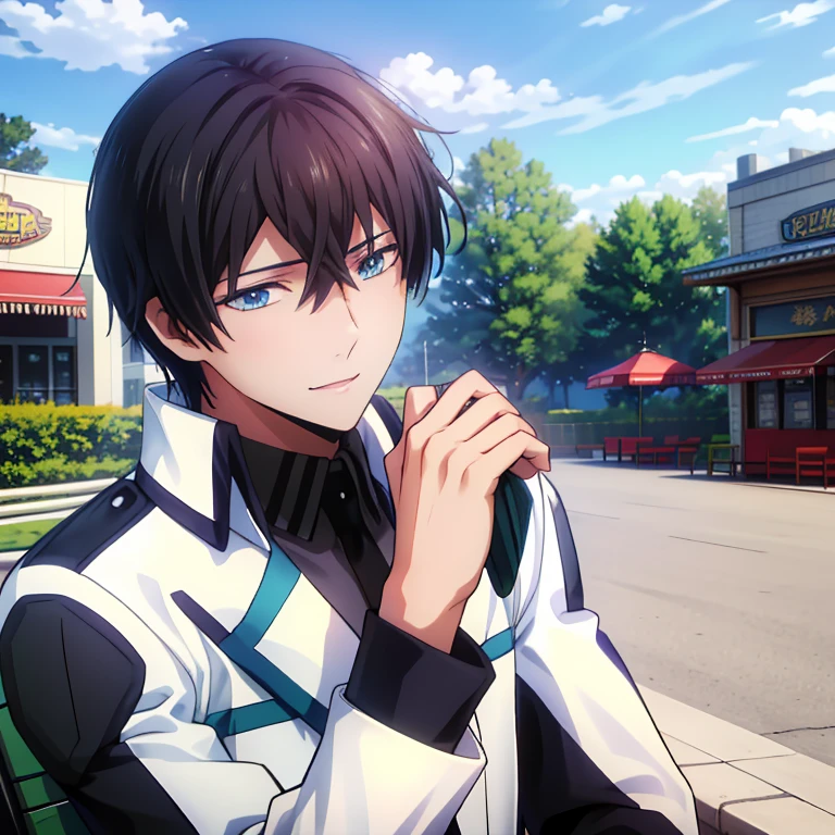 1 boy, solo, tatsuya def, school uniform, blue eyes, black hair, face focus, high detailed face, full uniform view, sitting in bench, smile, amusement park, cowboy shot, looking at viewers, Ferris Wheel in background, (best quality,4k,8k,highres,masterpiece:1.2),ultra-detailed,(realistic,photorealistic,photo-realistic:1.37),vivid colors,extremely detailed eyes and face,longeyelashes,detailed uniform,detailed background