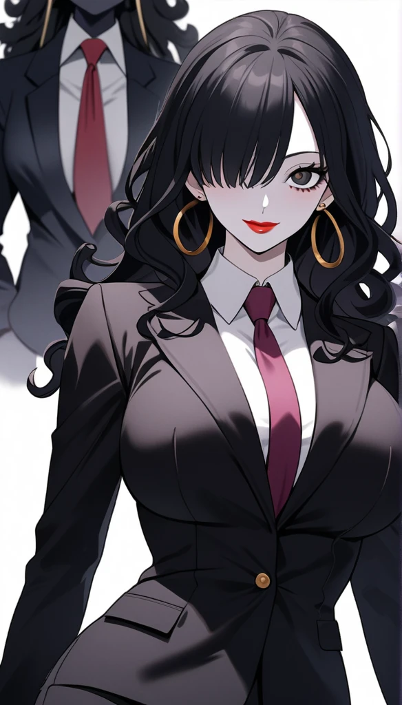 (character portrait), (((one piece))), business pants suit, (black skin tight office suits), pants suit, white collared shirt, red necktie, a beautiful woman, very tall woman with great style, female mafia-boss, perfect big breasts, perfect big breasts, plump ass, slender body, (((1girl))), (((solo))), long curly hair, black hair, black pupils, hair over one eye, perfect hands, perfect face, perfect eyes, perfect body, perfect legs, red lips, smile, red shiny pumps, (front view), (standing), (kafka), beautiful legs, (white plain background), hair over one eye, black hair, hoop earrings, ,suit, pants, necktie, onepiecestyle,black eyes, black hair, hoop earrings, long hair, cowboy shot, pale skin