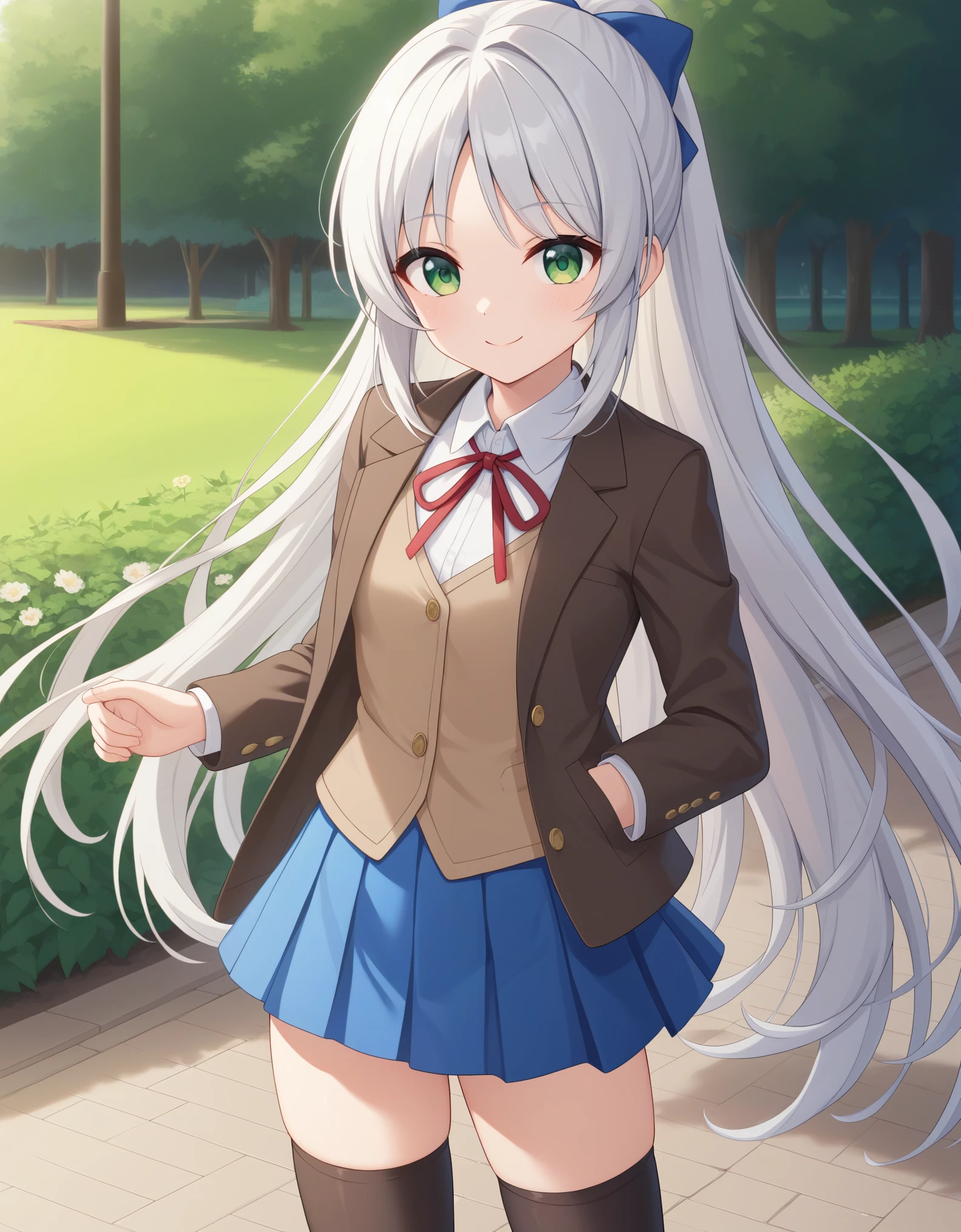 best quality,masterpiece,   4k, best quality 
1girl, solo,tachibana arisu, brown hair, green eyes, (green eyes:1.2), very  long hair, white hair ribbon, bangs, ponytail, brown blazer, brown color vest , white collared shirred neck ribbon, blue skirt, closed jacket, black thighhighs, white hair bow, standing,smile ,cowboy shot,  looking at viewer, outdoor, park
