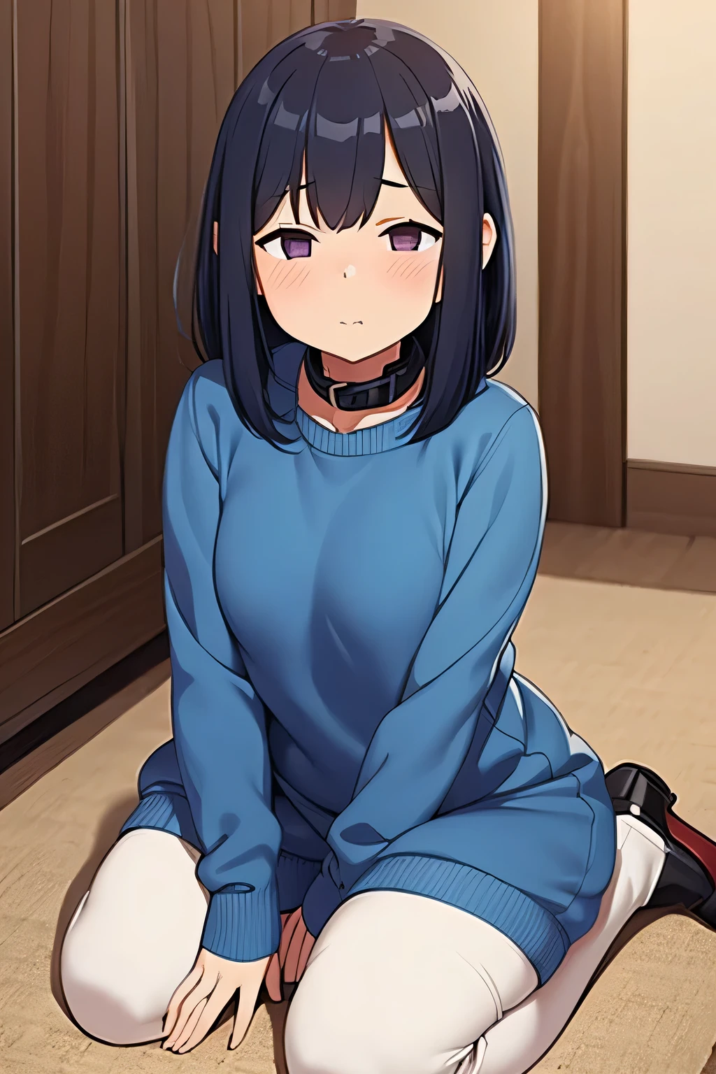 Woman at home, wearing shorts and tank top, barefoot, tied up and tape gagged