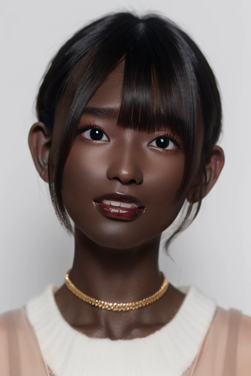 best quality, masterpiece, highres, (detailed:1.4), 1 girl, black hair, ( dark skin:1.9 ), extremally thin eyebrows , thick bluish eyeshadow, thick black eyeliner, Highlighted eyes with eyeliner, false eyelashes, ( naughty face )
