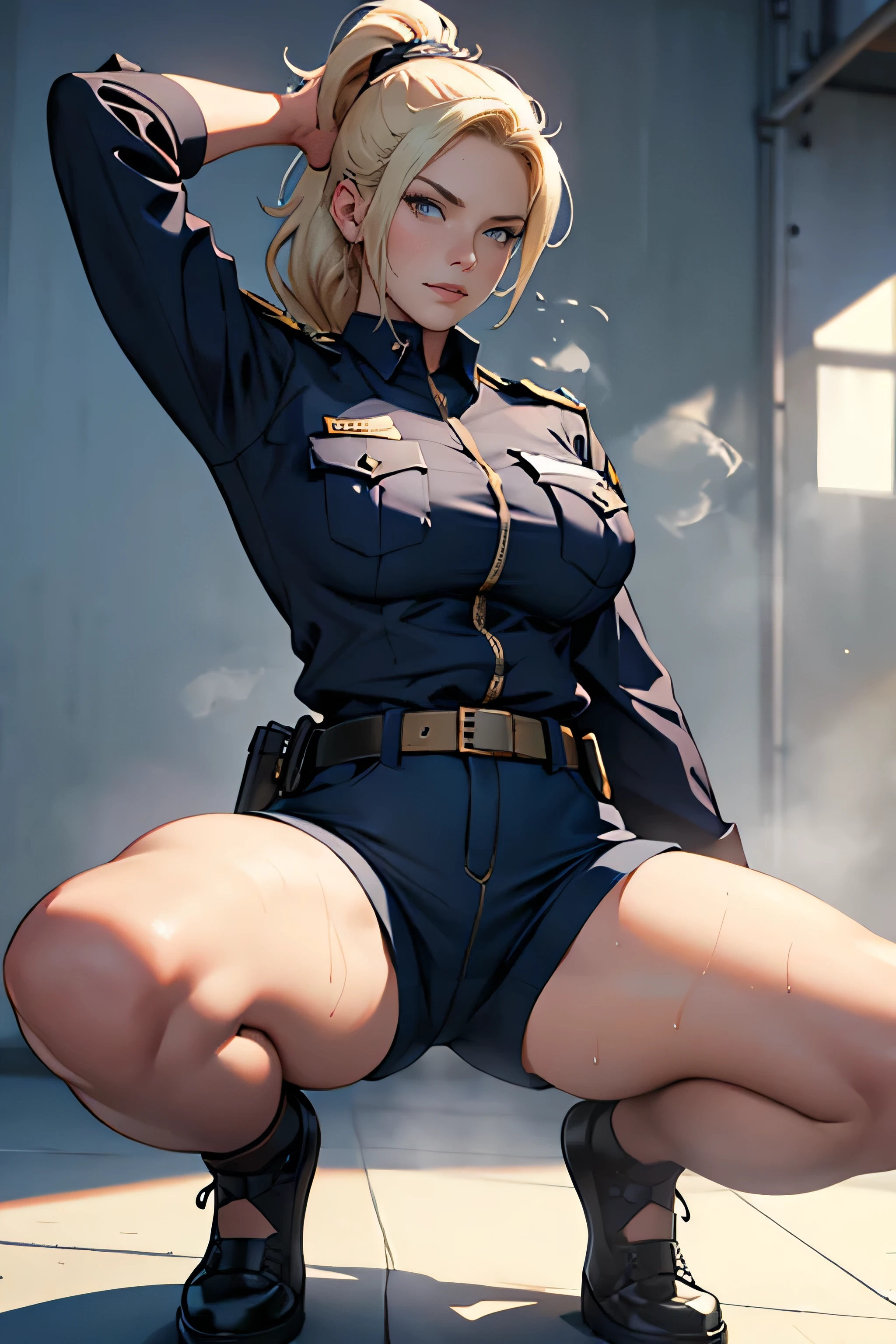 (High definition CG Unity 8k wallpaper). (masterpiece). (Highest quality). (Ultra definition). (Best illustration). (Best Shadow). (Absurd). Sweat. steam. stare. female police officer. She is 20 years old. Her hair is tied up. she is blonde. She is in uniform. Navy hot pants. She has a whip in her hand. she has big breasts. white background. she is squatting. She spreads her legs.