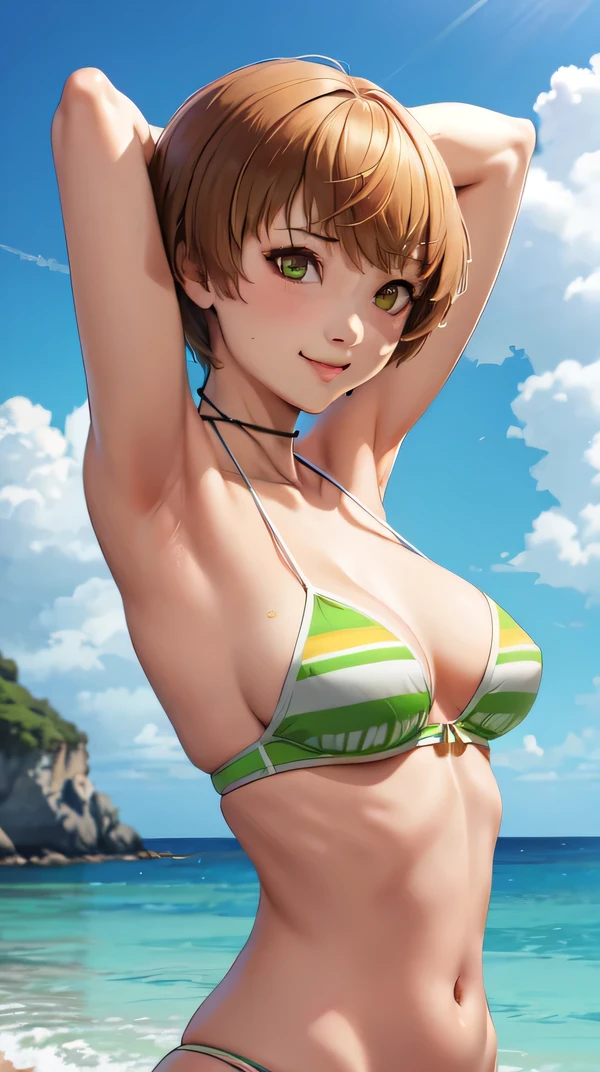 gigntic breasts , best quality, green bikini,under chest, Satonaka Chie, outdoor, blow, Close one eye,photoshoot,sea background,show armpit,cute smile,underboobs,