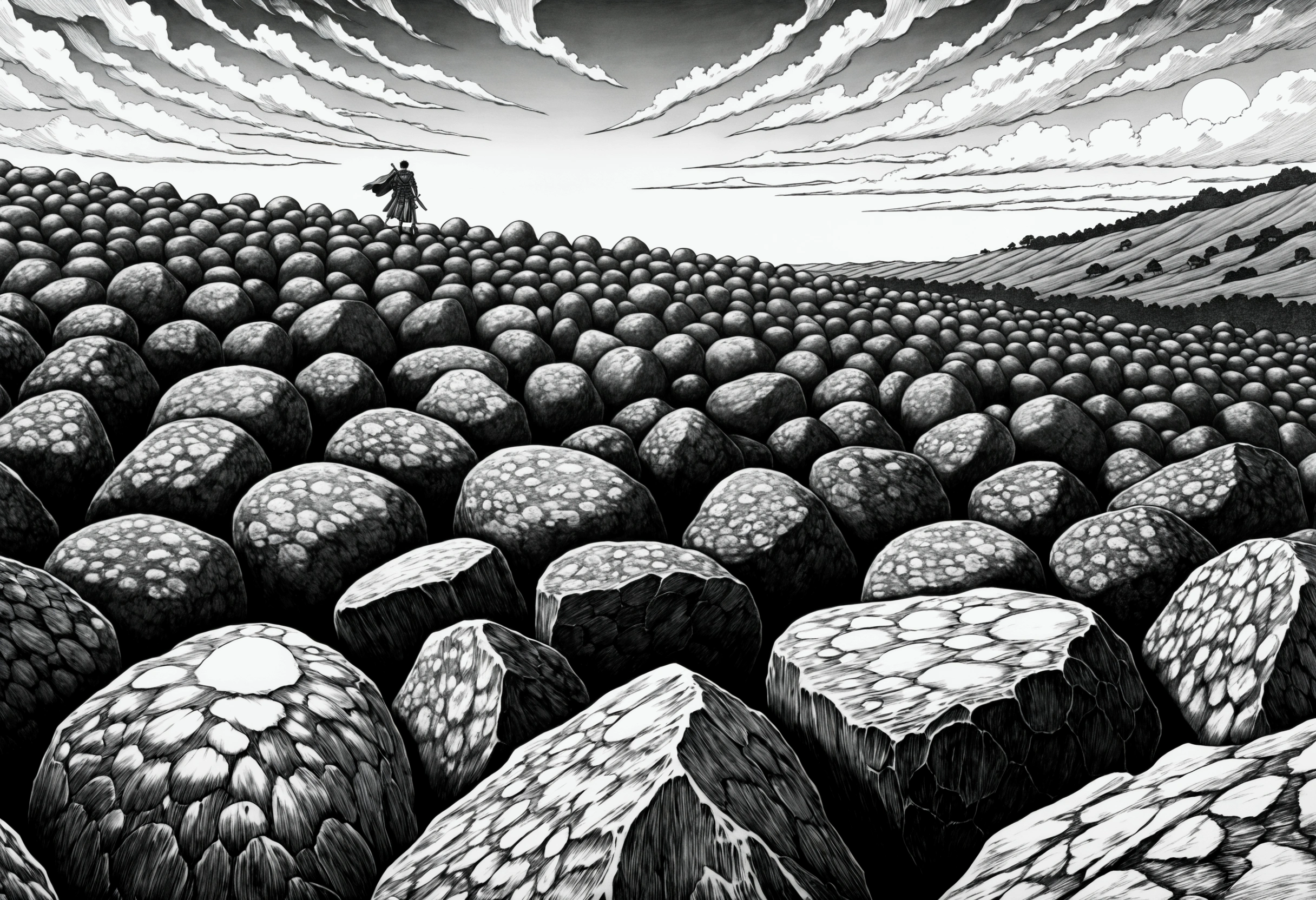 score_9, score_8_up, score_7_up, score_6_up, by Kentaro Miura, By Yusuke Murata, inspired by Berserk, Manga art, black and white, manga art, best quality, masterpiece, detailed, aesthetic, best quality, masterpiece, hyperdetailed, aesthetic, ((best quality)), (masterpiece),never-ending rolling rocks , landscape art, dynamic pose, monochrome, manga, anime, high resolution, 4k, detailed, intricate, detailed, Monochrome, Cross-hatching, Gradient shading, no background,
