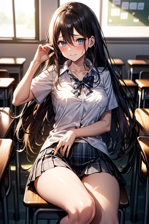 (masterpiece:1.2, top quality), (Actual, photoActual:1.4), Beautiful illustration, 
looking at the audience, whole body, Front view:0.6, 
1 girl, Japanese, high School girl, (long hair:1.5), blow dry hair, (Half up, half down, Half up, Half Downdo), bangs, hair between eyes, big breasts:0.8, 
beautiful hair, pretty face, Beautiful and delicate eyes, Beautiful collarbone, beautiful body, beautiful breasts, Beautiful thighs, beautiful legs, 
(Beautiful scenery), , School,
((Collared short-sleeved shirt, White shirt, School uniform, Gray plaid pleated skirt, blue plaid bow tie)), White, 
lying on the lectern table，Skirt hangs on thighs, The clothes buttons are opened, show underwear, Put your hands behind your back，legs spread，show， 
blush, ,