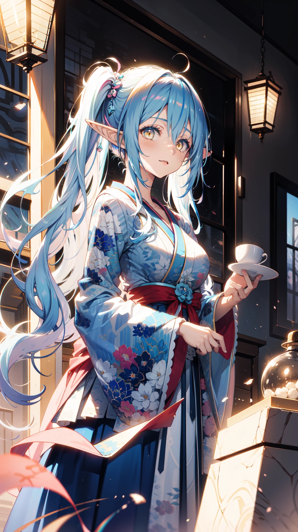 Anime Girl, Fantasy illustration, Flowing hair，Blue Japanese style long skirt，Transparent Clothes， Beautiful young elf, Dark blue hair，Twin ponytails，Hair editing，hat，Happy，Beautiful fantasy anime, 闪亮Flowing hair, Ethereal Anime, Beautiful anime artwork, Beautiful digital artwork, Anime Fantasy Artwork，Snowflake Rummy