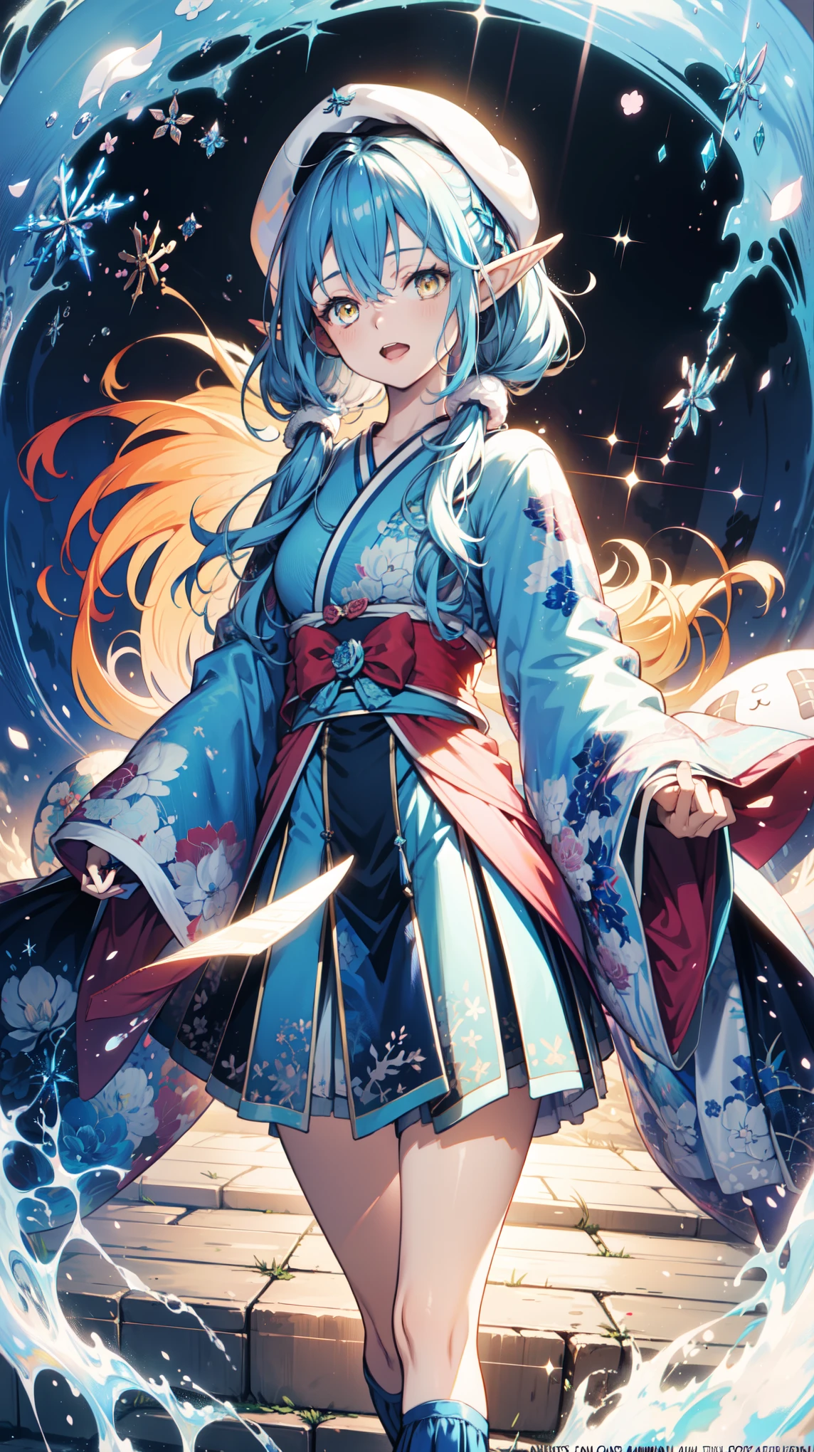 Anime Girl, Fantasy illustration, Flowing hair，Blue Japanese style long skirt，Transparent Clothes， Beautiful young elf, Dark blue hair，Twin ponytails，Hair editing，hat，Happy，Beautiful fantasy anime, 闪亮Flowing hair, Ethereal Anime, Beautiful anime artwork, Beautiful digital artwork, Anime Fantasy Artwork，Snowflake Rummy