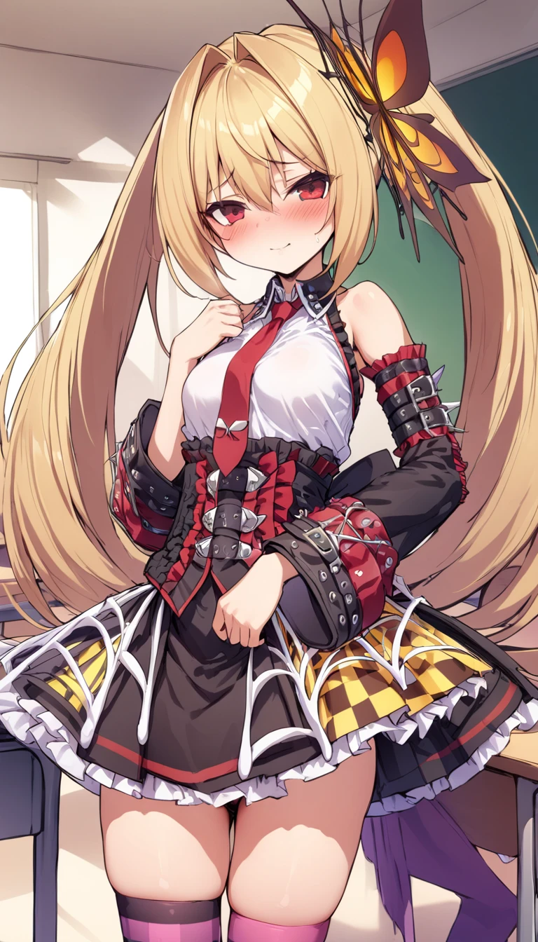 (masterpiece, extremely detailed, best quality, ultra-detailed, illustration1.2), very young girl. shy, faint smile, blonde hair, short hair, two very long ponytails, two very long ponytails, red eyes, hair between eyes, bangs, butterfly hair ornament, medium breasts, white shirt, punkish, punkish skirt, knee socks, red necktie, {{orgasm}}, standing, {corner of the desk hits crotch}, best quality, very aesthetic, class room, girl behind desk, from face