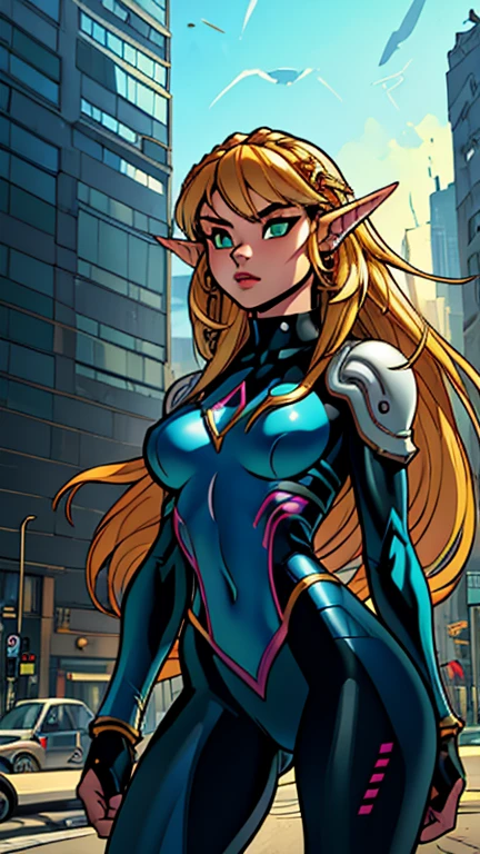 (s:1girl: princess zelda), (extremely detailed CG unit 8k wallpaper),(master part), (best quality), (ultra detail), (best illustration),(city-scene-aso), cowboy shot, (Sharp eyeliner, ombre, detailed eyes:1), bright, daylight, cyberpunk city, outdoor, ,break , (joe madureira style), upper body, (bangs, blonde hair, green eyes, long hair, pointy ears, cybersuit, line arts