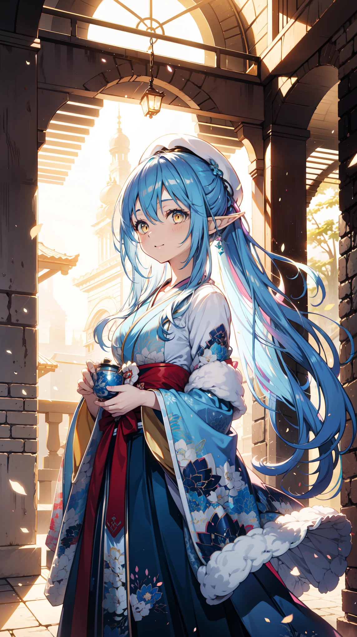 Anime Girl, Fantasy illustration, Flowing hair,Blue Japanese style long skirt,Transparent Clothes, Beautiful young elf, Dark blue hair,Twin ponytails,Hair editing,hat,Happy,Beautiful fantasy anime, 闪亮Flowing hair, Ethereal Anime, Beautiful anime artwork, Beautiful digital artwork, Anime Fantasy Artwork,Snowflake Rummy