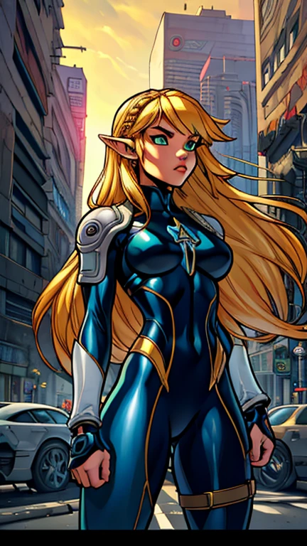 (Teens:1girl: princess zelda), (extremely detailed CG unit 8k wallpaper),(master part), (best quality), (ultra detail), (best illustration),(city-scene-aso), cowboy shot, (Sharp eyeliner, ombre, detailed eyes:1), bright, daylight, cyberpunk city, outdoor, ,break , (joe madureira style), upper body, (bangs, blonde hair, green eyes, long hair, pointy ears, cybersuit, line arts