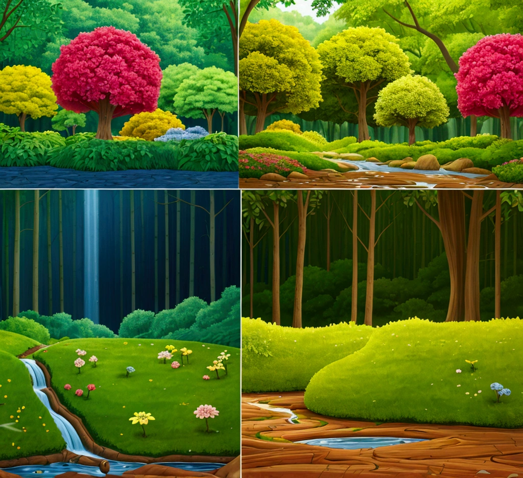 Two side-by-side images of the same forest scene. On the left, a vibrant, healthy forest with lush greenery, blooming flowers, and happy animals. On the right, the forest is dry and dying, with wilted leaves, a dried-up stream, and no animals in sight. The task is to find and circle five differences between the two images. only two images in one frame