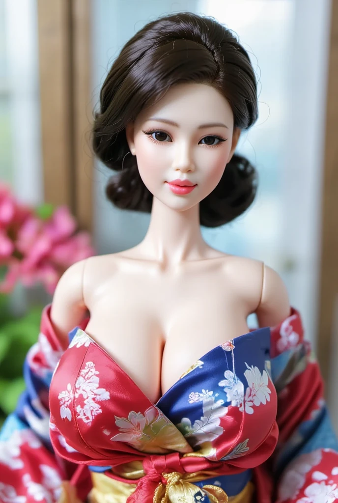 Japanese AVMagazine cover,Japanese Barbie doll(Wearing an off-shoulder kimono),Huge Breasts，UHD, masterpiece, high details, high quality, best quality, highres