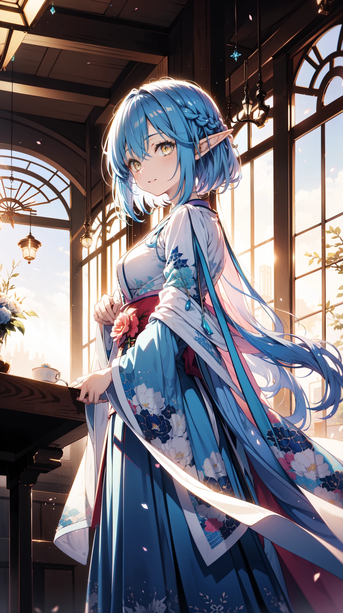 Anime Girl, Fantasy illustration, Flowing hair，Blue Japanese style long skirt，Transparent Clothes， Beautiful young elf, Dark blue hair，Medium to short hair，Double braid，Hair Ring，Happy，Beautiful fantasy anime, 闪亮Flowing hair, Ethereal Anime, Beautiful anime artwork, Beautiful digital artwork, Anime Fantasy Artwork，Snowflake Rummy