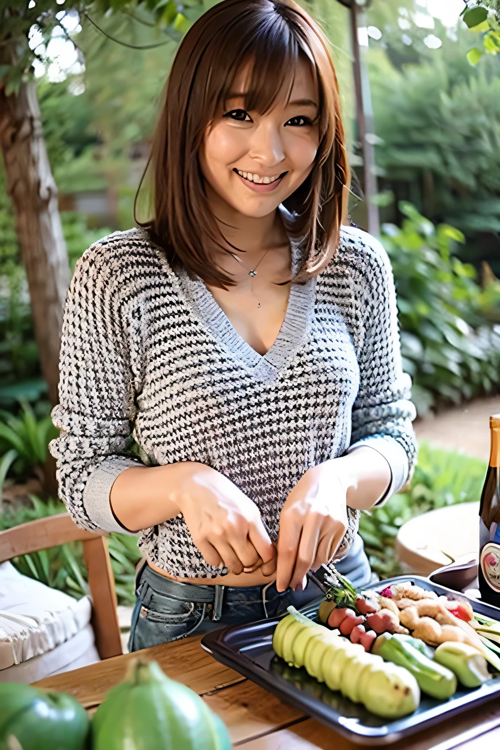 Chika Sexy, Sweater only, Without taking off your clothes, Half-open sweater, Beautiful woman grilling meat for a barbecue at a campsite outdoors、smile、happiness、Captivating look, Tempting, biting half of your lip
