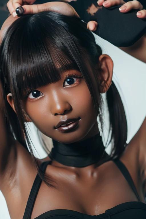 best quality, masterpiece, highres, (detailed:1.4), 1 girl, black hair, (((( dark skin:1.55 )))), extremally thin eyebrows , thick bluish eyeshadow, thick black eyeliner, Highlighted eyes with eyeliner, false eyelashes, (( arms up ))