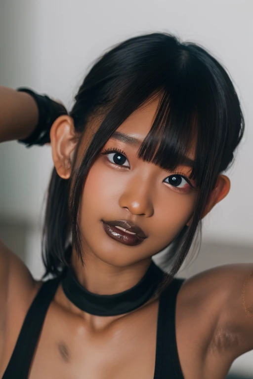 best quality, masterpiece, highres, (detailed:1.4), 1 girl, black hair, (((( dark skin:1.55 )))), extremally thin eyebrows , thick bluish eyeshadow, thick black eyeliner, Highlighted eyes with eyeliner, false eyelashes, (( arms up ))