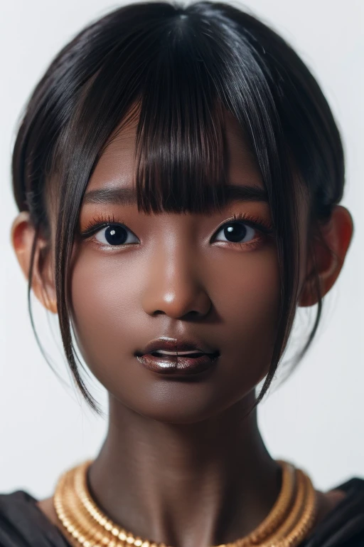 best quality, masterpiece, highres, (detailed:1.4), 1 girl, black hair, (((( dark skin:1.55 )))), extremally thin eyebrows , thick bluish eyeshadow, thick black eyeliner, Highlighted eyes with eyeliner, false eyelashes,(((( short hair ))))