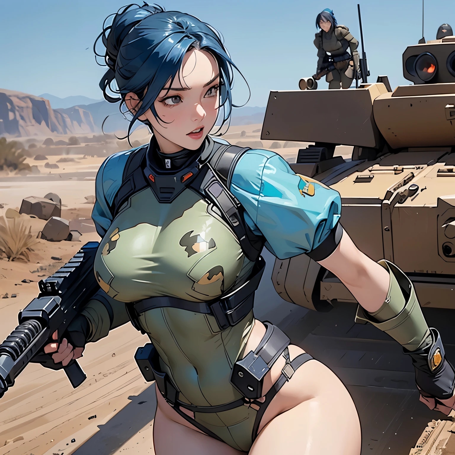 (Masterpiece) (High Detail) (High Res) A short humanoid girl with pale human skin and blue eyes and long blue hair and blue dog ears and a big fluffy dog tail and average breasts is laying on the roof of a building in a desert town. She is dressed in military camouflage and is aiming down a sniper rifle, aiming away from the viewer.